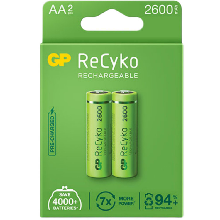 باتری قلمی قابل شارژ جی پی مدل Rechargeable Recyko 2600 بسته دو عددی