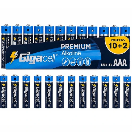 باتری نیم قلمی گیگاسل Gigacell Premium Alkaline AAA شیرینک بسته 12 عددی